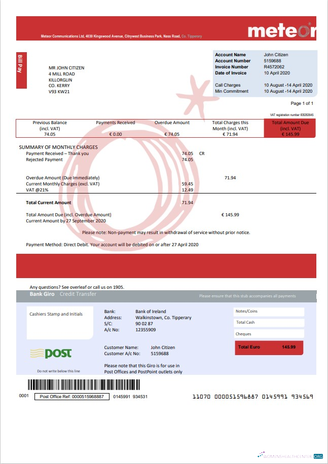 download download Ireland Meteor utility bill template in Word and PDF format PDF template PDF template